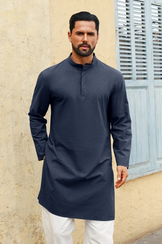 Runcati Dark Blue Casual Henley Shirt