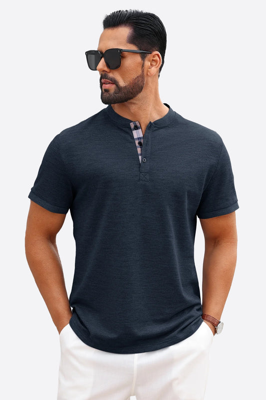 Runcati Dark Blue Plaid Henley T-Shirts