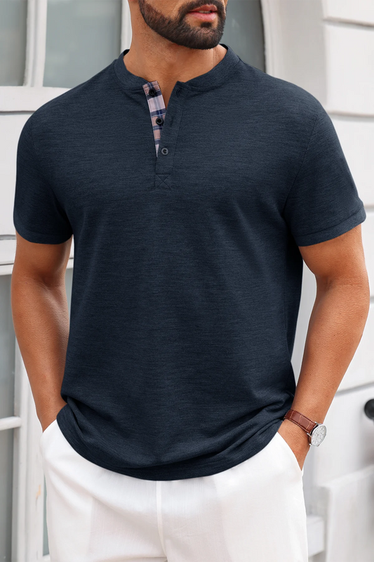 Runcati Dark Blue Plaid Henley T-Shirts
