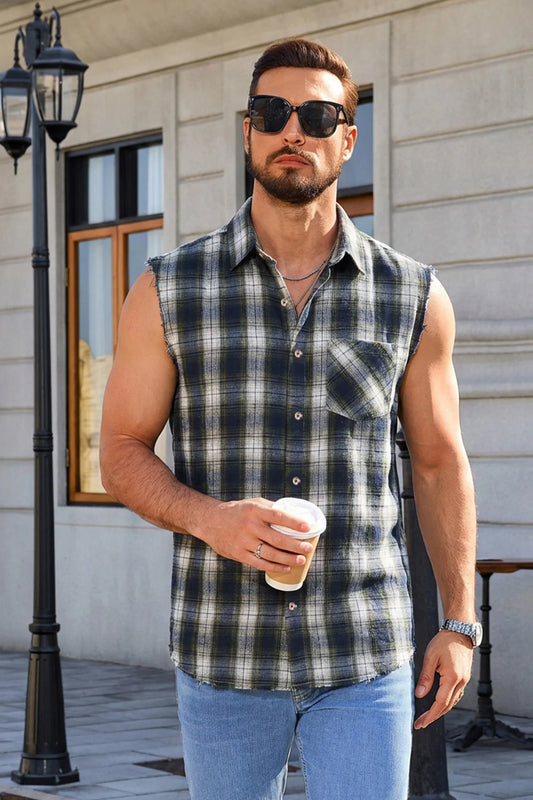 Runcati Green Sleeveless Plaid Shirts
