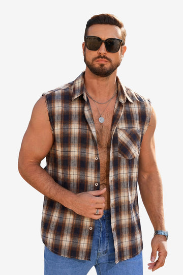 Runcati Khaki Sleeveless Plaid Shirts