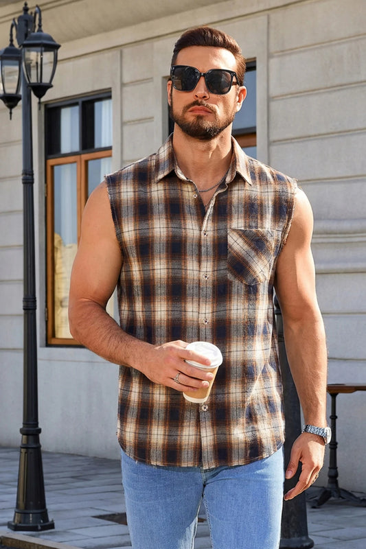 Runcati Khaki Sleeveless Plaid Shirts