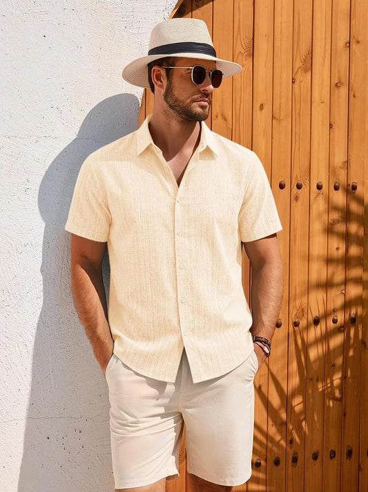 Runcati Mens Apricot Linen Button Shirt