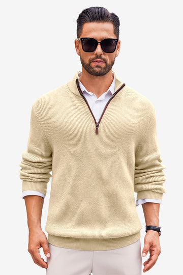 Runcati Mens Beige Quarter-Zip Sweater