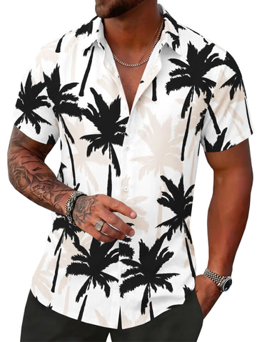 Runcati Mens Black Hawaiian Button Down Shirts