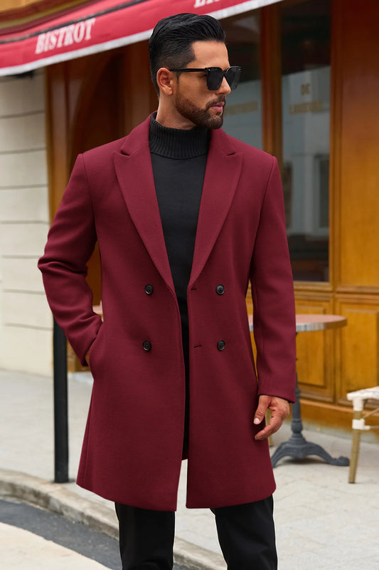 Runcati Mens Burgundy Mid Long Pea Coat