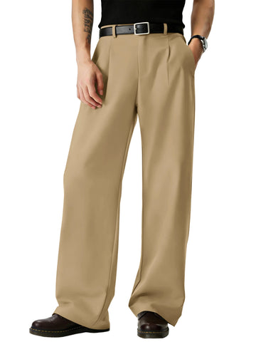 Runcati Mens Khaki Pleated Wide Pants
