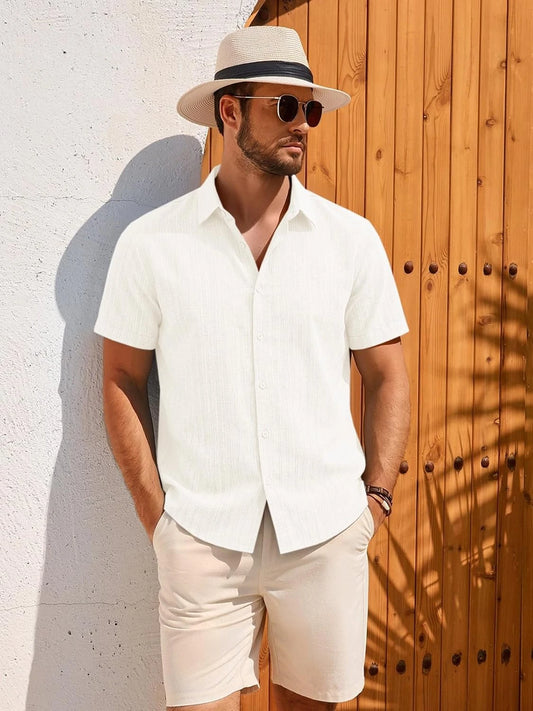 Runcati Mens White Linen Button Shirt