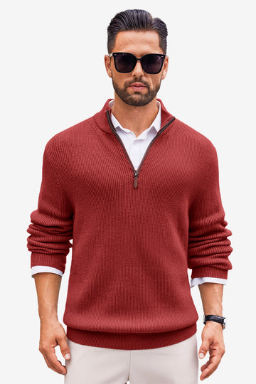 Runcati Mens Wine Red Quarter-Zip Sweater