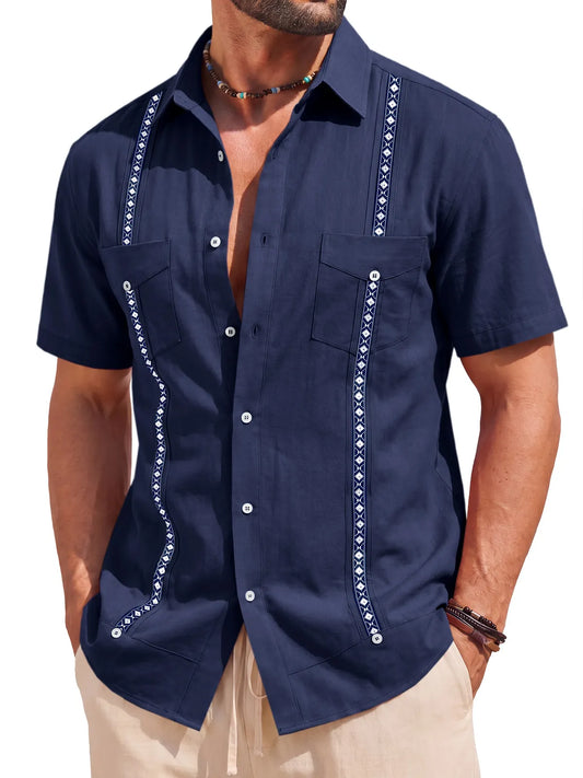 Runcati  Navy Blue Guayabera Linen Shirts