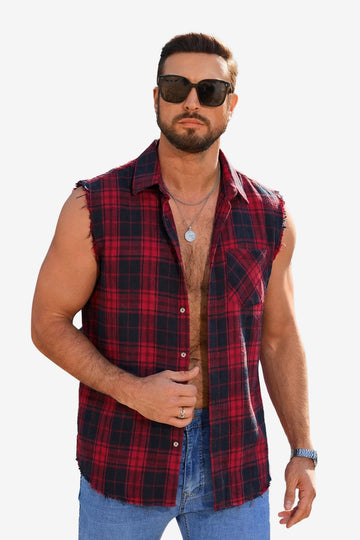 Runcati Red Sleeveless Plaid Shirts