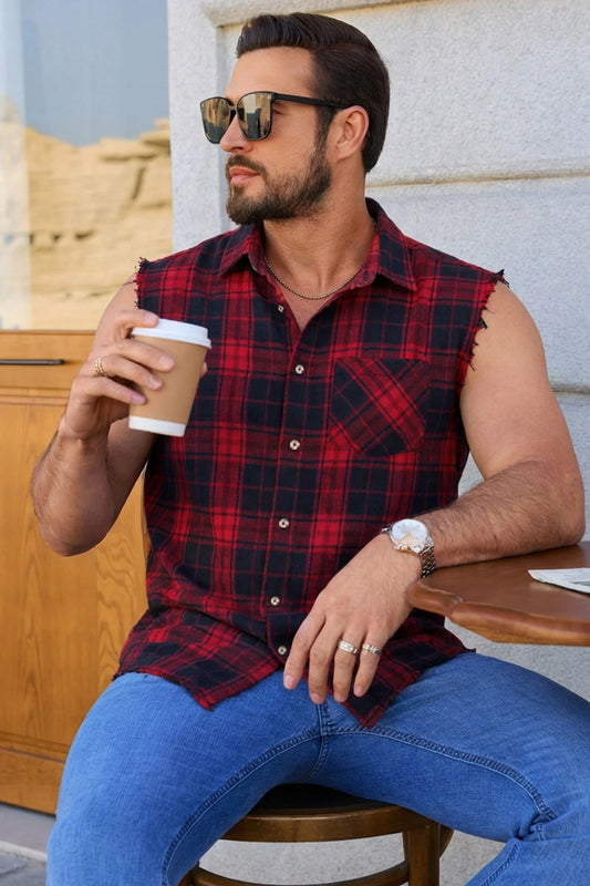 Runcati Red Sleeveless Plaid Shirts