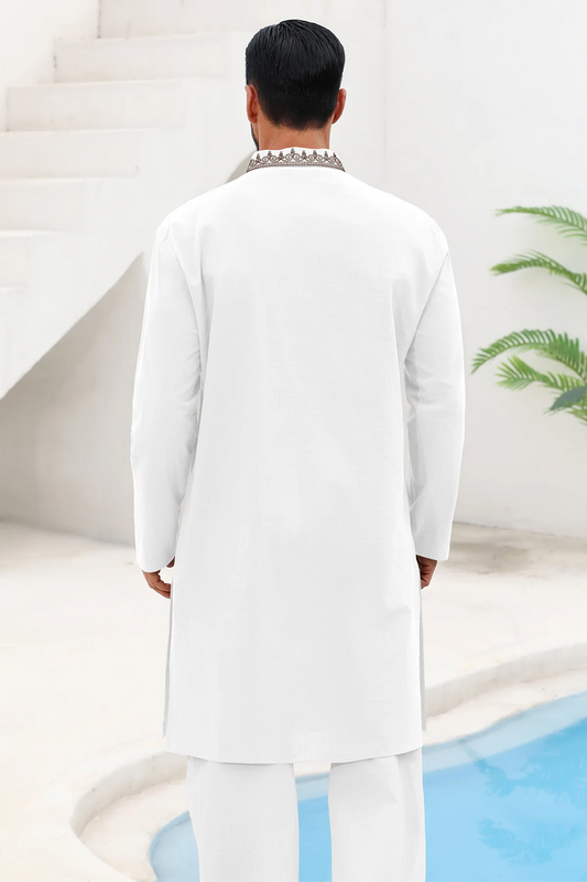 Runcati White Embroidery Thobe Shirt