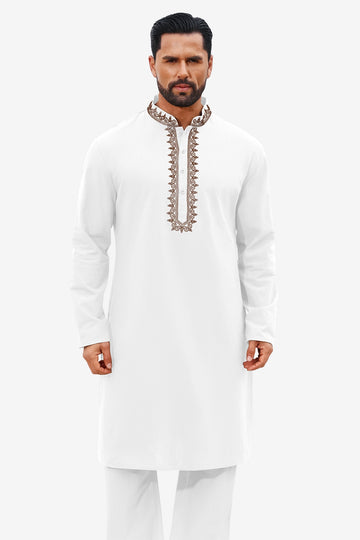 Runcati White Embroidery Thobe Shirt