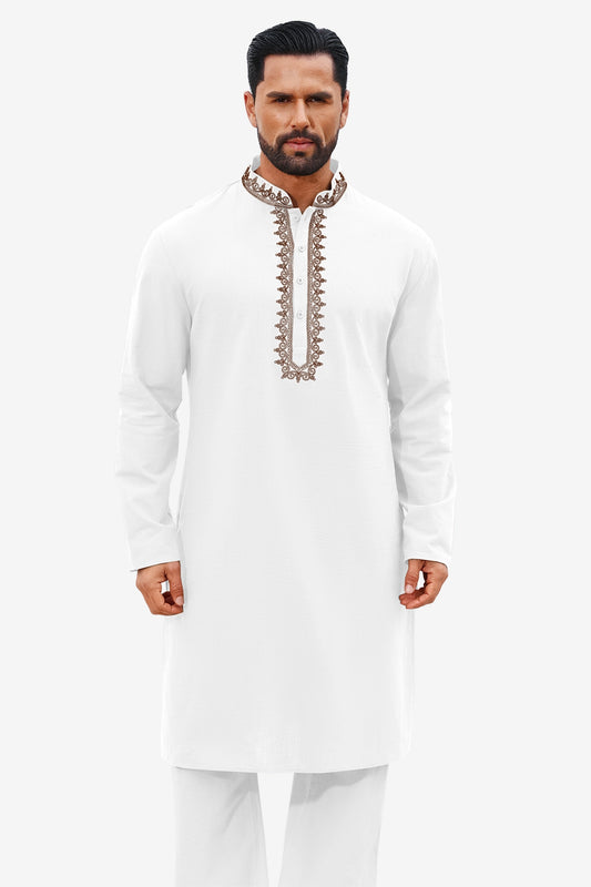 Runcati White Embroidery Thobe Shirt