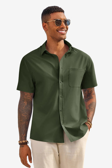 Runcati Mens Army Green Short Sleeve Casual Dress Shirt