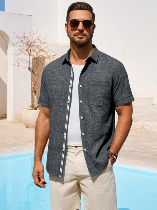Runcati Mens Black Linen Button Shirt