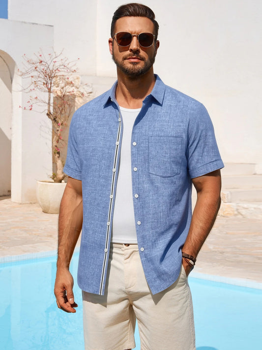 Runcati Mens Blue Linen Button Shirt