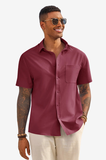 Runcati Mens Burgundy Short Sleeve Casual Dress Shirt