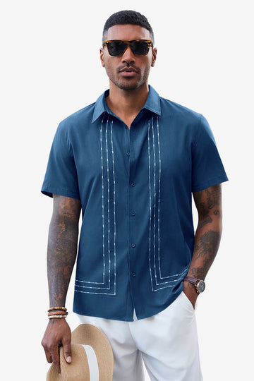 Runcati Mens Dark Blue Cuban Guayabera Shirt