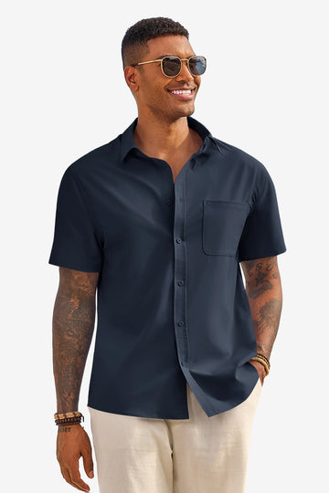 Runcati Mens Dark Blue Short Sleeve Casual Dress Shirt