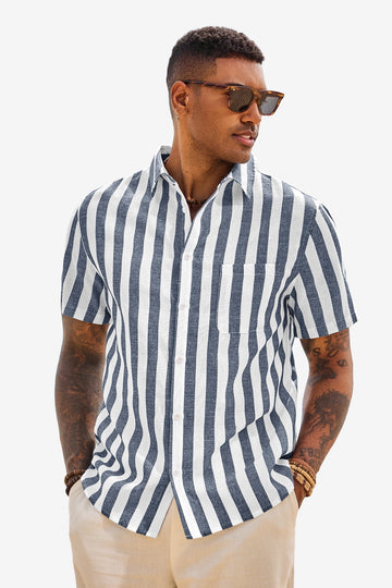 Runcati Mens Dark Blue Striped Button Down Shirts