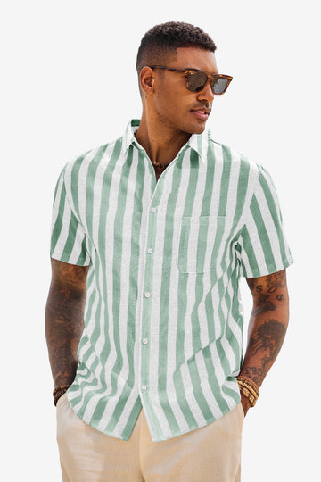 Runcati Mens Green Striped Button Down Shirts