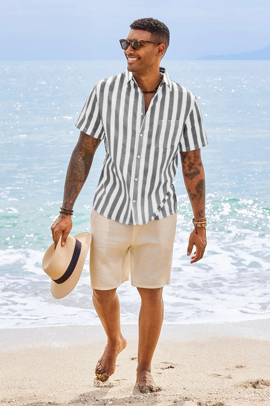 Runcati Mens Grey Striped Button Down Shirts