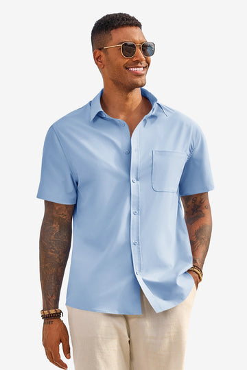 Runcati Mens Light Blue Short Sleeve Casual Dress Shirt