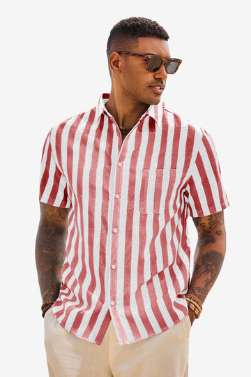 Runcati Mens Red Striped Button Down Shirts