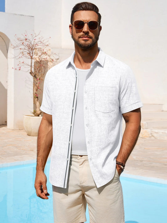 Runcati Mens White Linen Button Shirt