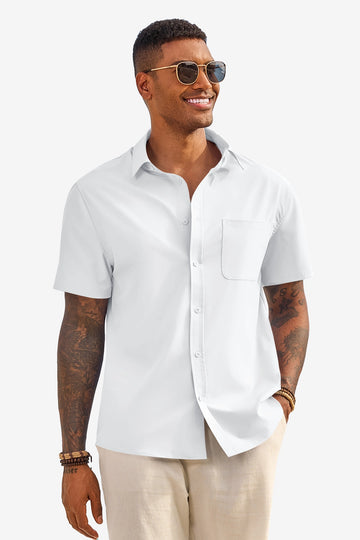 Runcati Mens White Short Sleeve Casual Dress Shirt