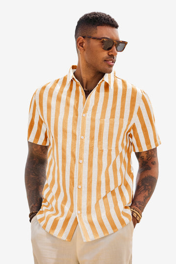 Runcati Mens Yellow Striped Button Down Shirts
