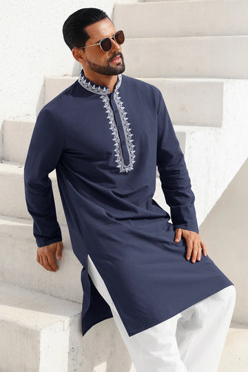 Runcati Navy Blue  Embroidery Thobe Shirt