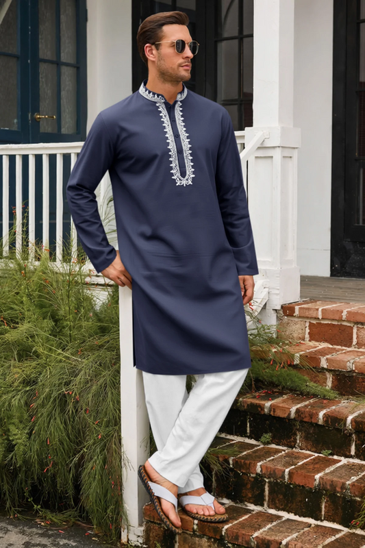 Runcati Navy Blue  Embroidery Thobe Shirt